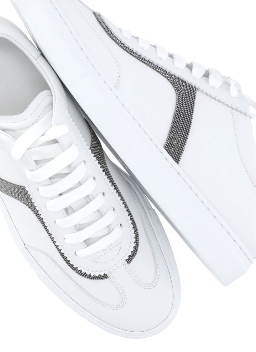 Brunello Cucinelli White Sneaker With Monili Chain Detail In White