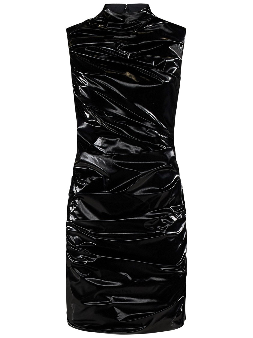Alexander Mcqueen Sleeveless Black Coated Jersey Minidress With Ruching In Black