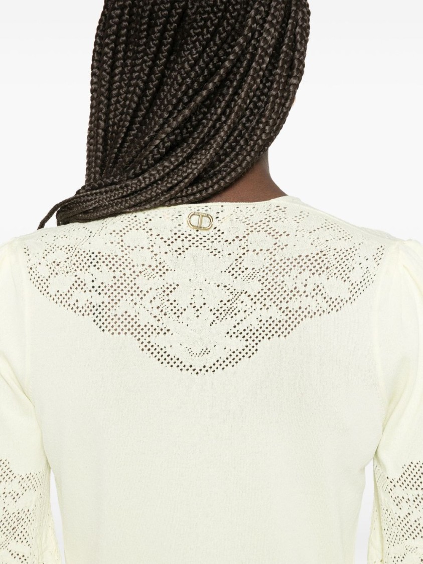 Shop Twinset Twin-set Lace-trimmed Yellow Twin-set Sweater