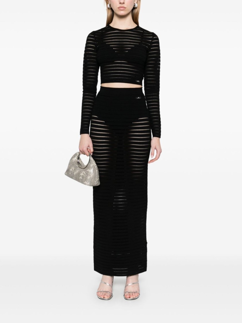 Elisabetta Franchi Long Fitted Skirt With Open-knit Design And Subtle Slit In Black