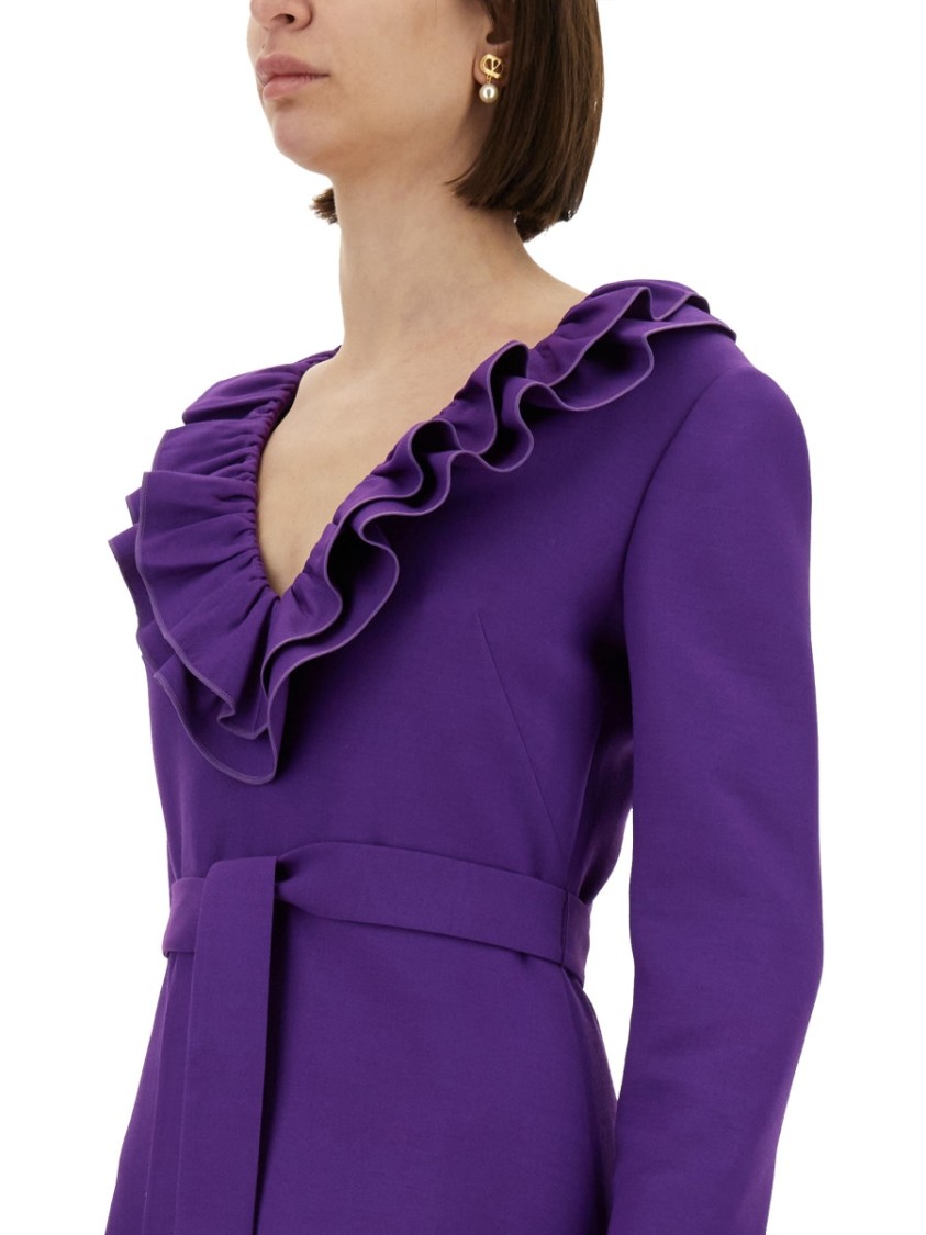 Valentino Garavani Purple Short Dress With V-neck And Ruffles In Virgin Wool And Silk Blend Woman