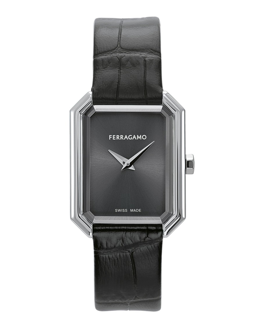 Ferragamo Swiss-Made Crystal Leather Watch With Black Calfskin Strap