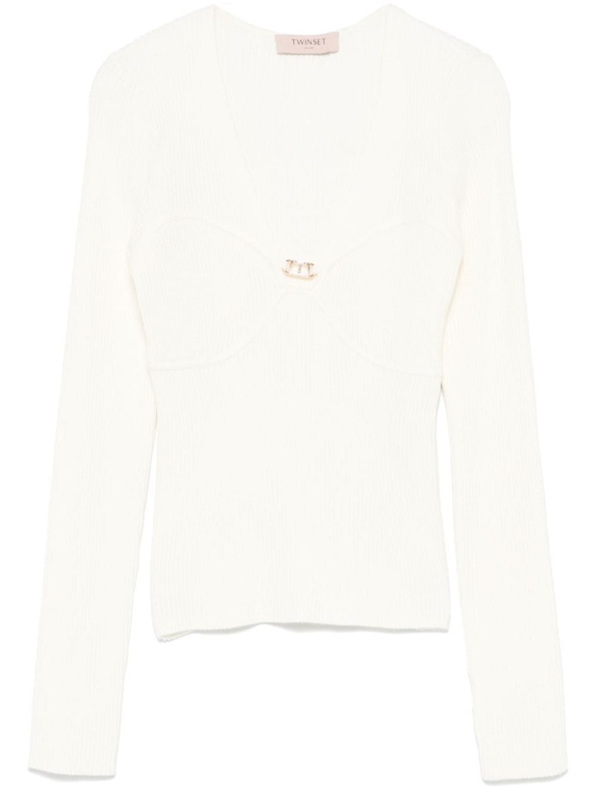 Twinset Twin-set Chic Twin-set Sweater With Elegant V-neck And Decorative Detail In White