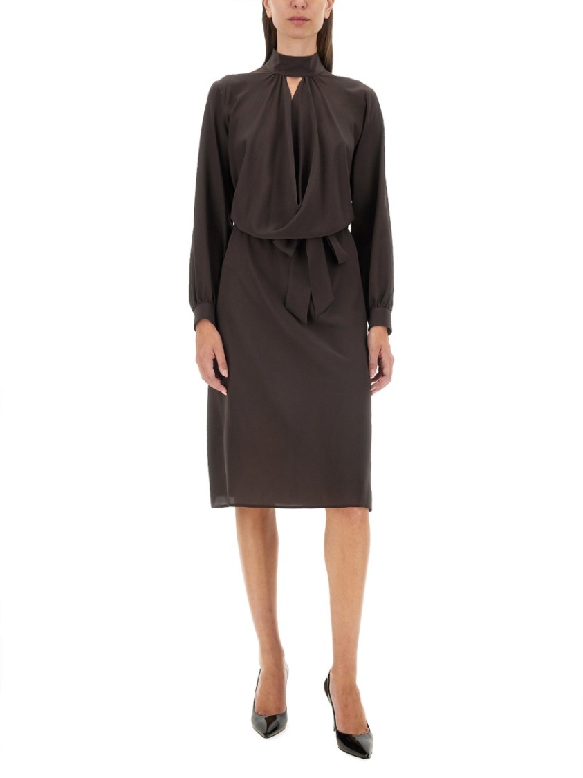 Kiton Silk Dress With Buttoned Cuffs And Waist Tie In Brown