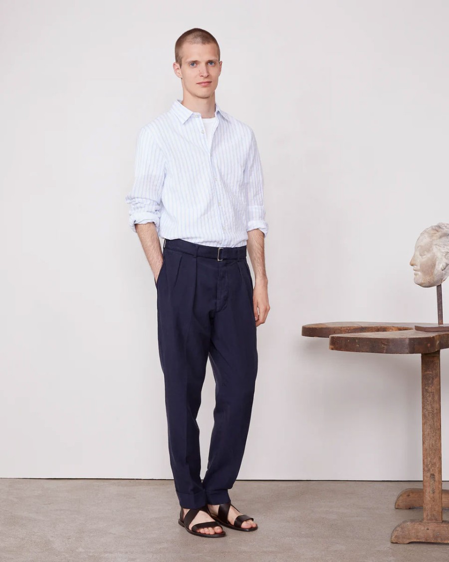 Officine Generale Tapered Blue Pants With Pleated Front In Blue