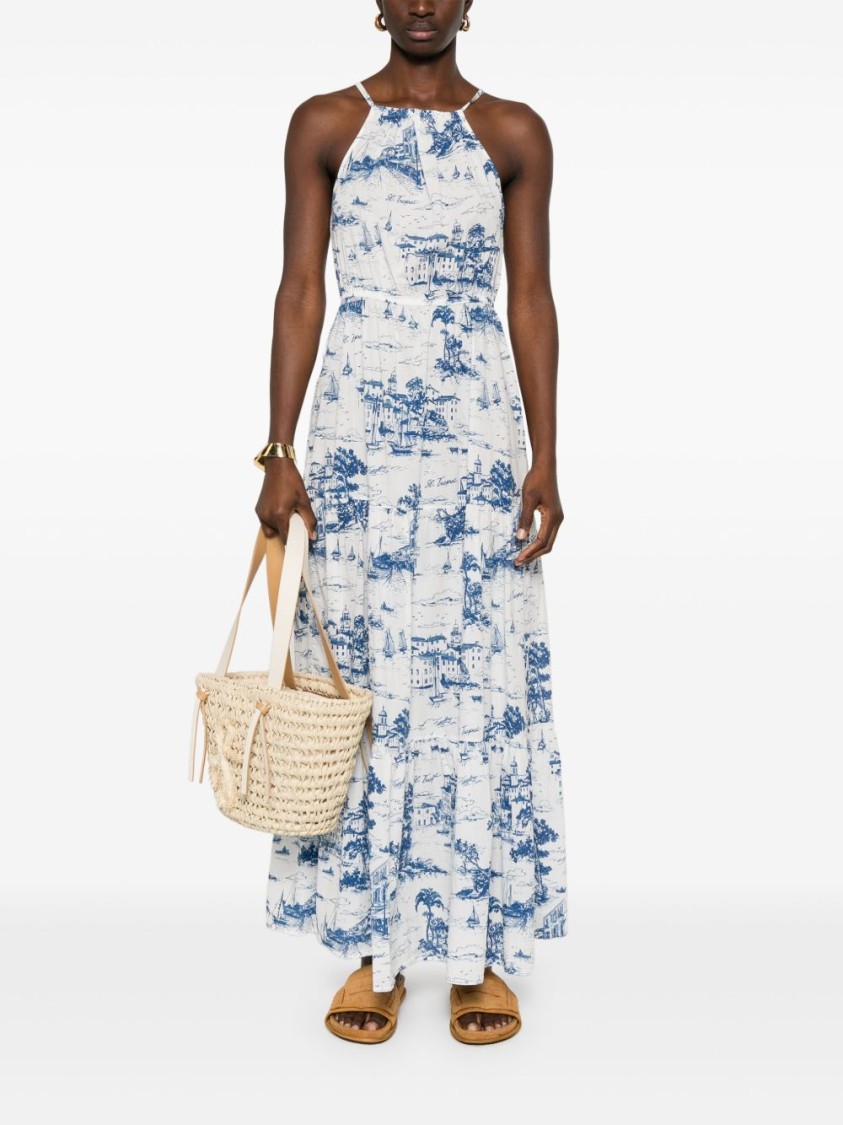 Mc2 Saint Barth Halterneck Maxi Dress With Scenic Blue And White Print In Multi