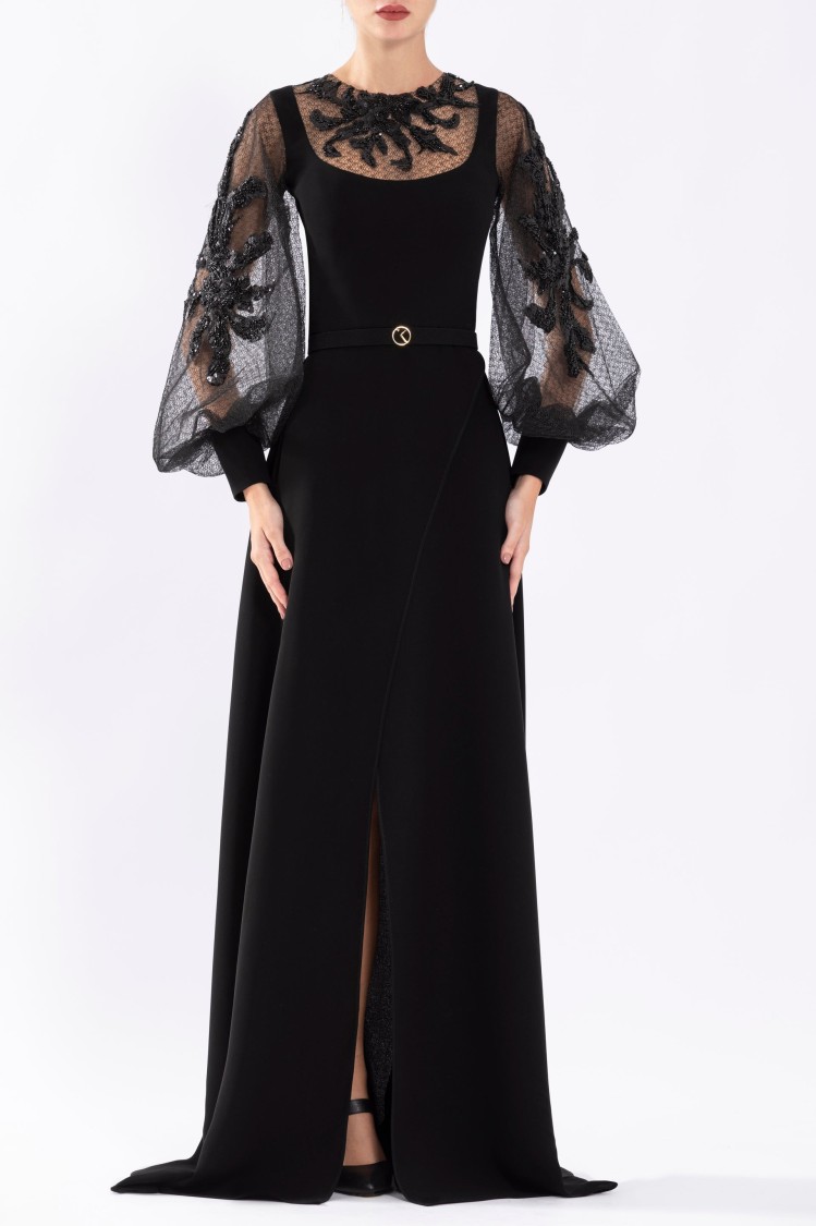 Saiid Kobeisy Crepe Dress With Envelope Skirt And A Beaded Top And Sleeves In Black