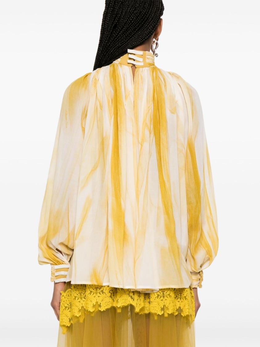 Elisabetta Franchi White And Mustard Yellow Blouse With Mock Neck