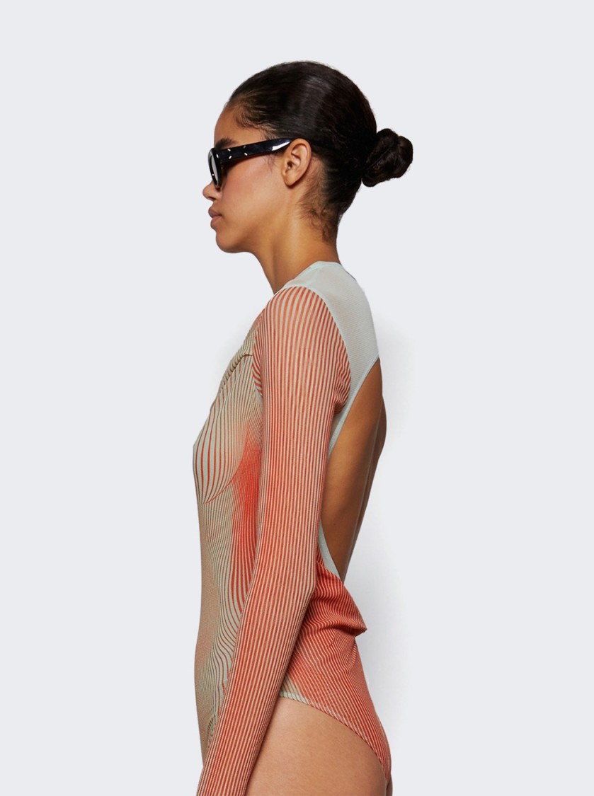 Shop Jean Paul Gaultier Double Layer Pinstripe Body Morphing Bodysuit Mint And Coral In Orange
