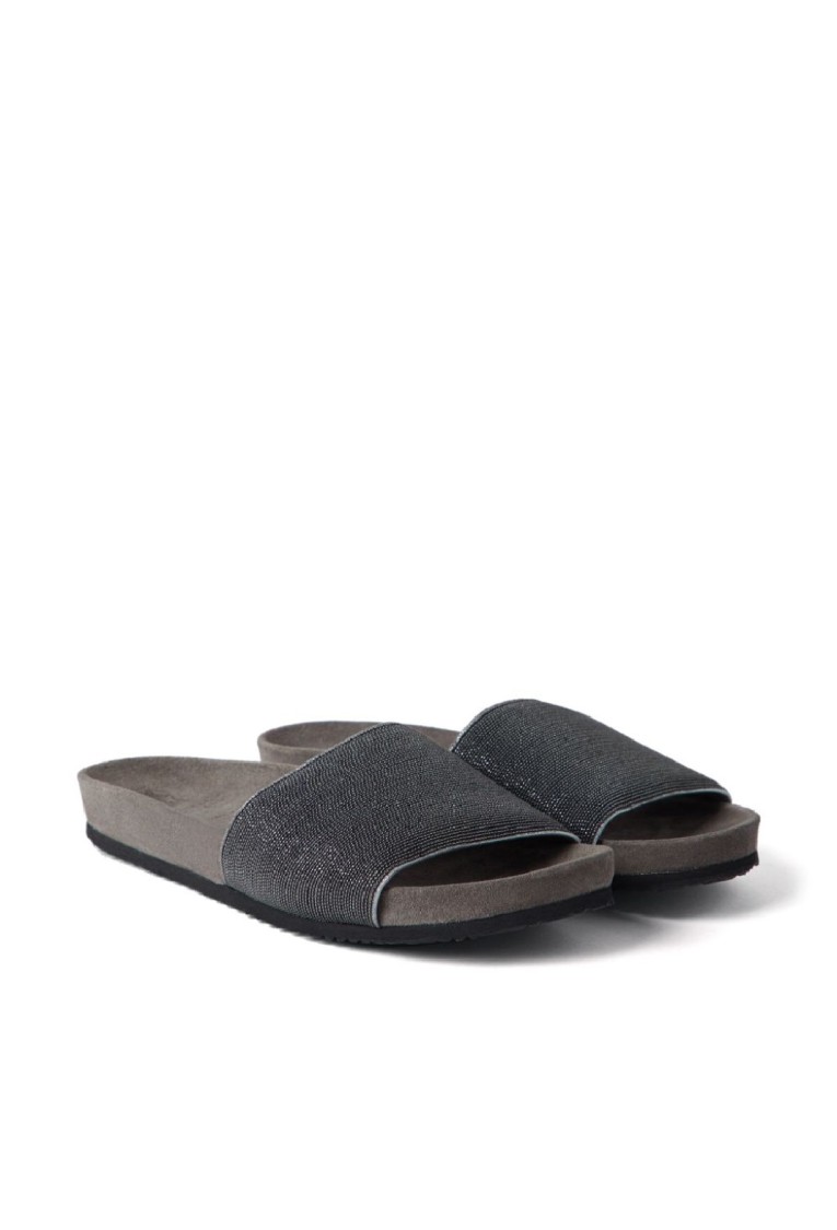 Brunello Cucinelli Textured Strap Slip-on Sandals With Cushioned Footbed In Black