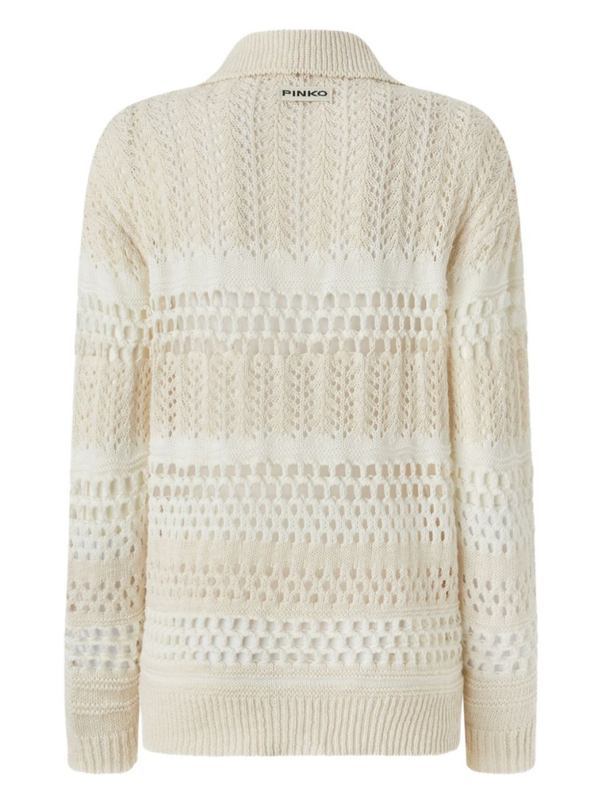 Pinko Textured Knit White Sweater With Stylish Collar In Neutrals
