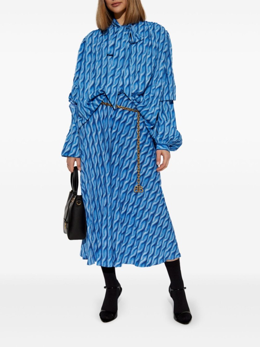 Balenciaga Patterned Drape Midi Dress In Blue