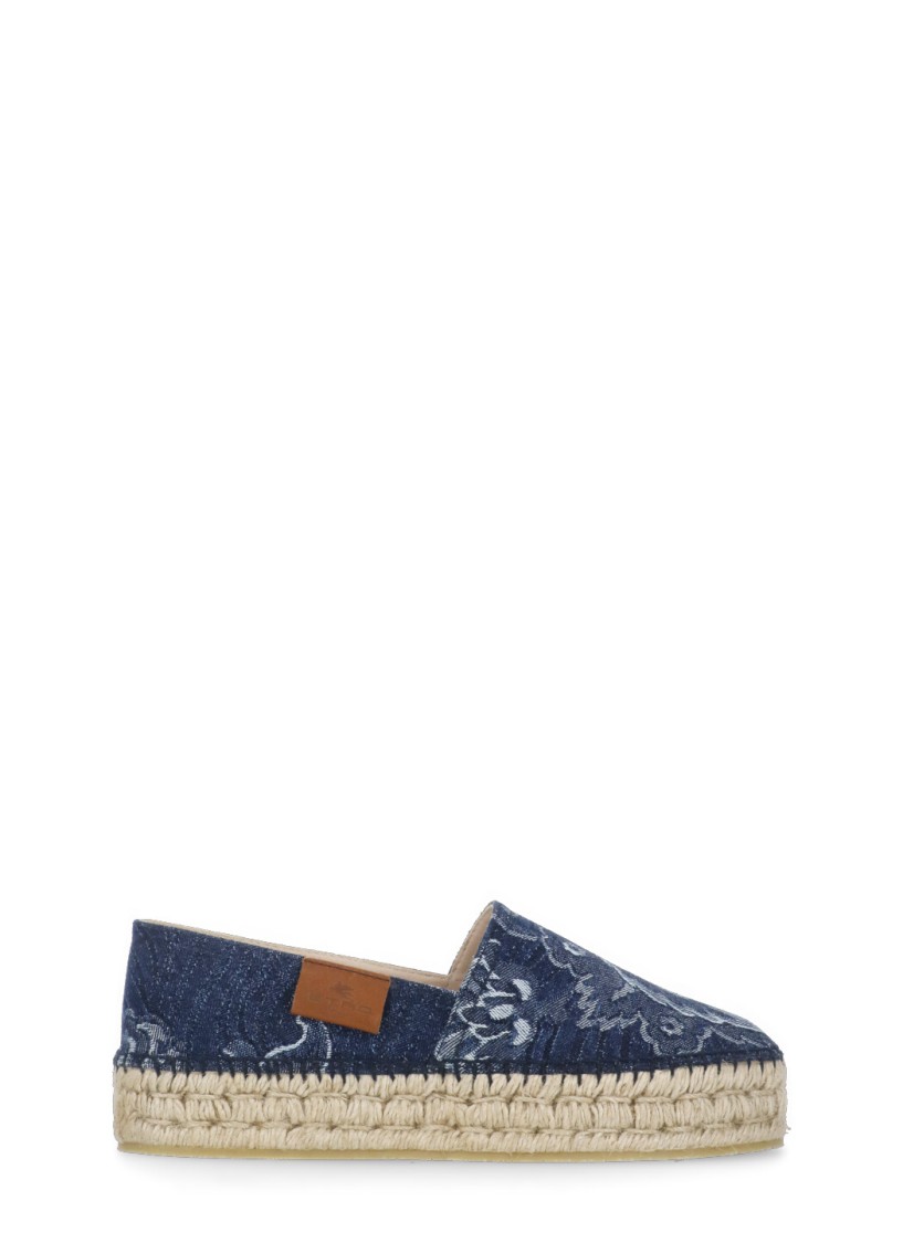 Etro Paisley Denim Jacquard Platform Espadrilles In Grey