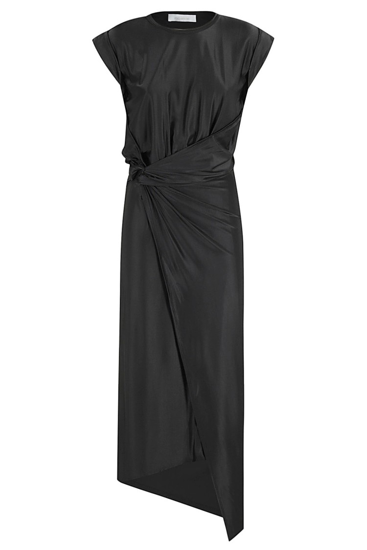 Rabanne Long Black Dress With Draped Waist In Black
