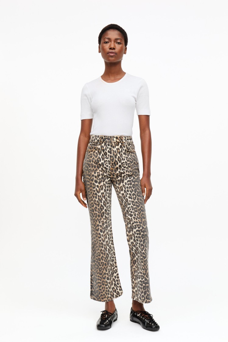 Ganni Leopard Print Cropped Jeans With Flared Hem