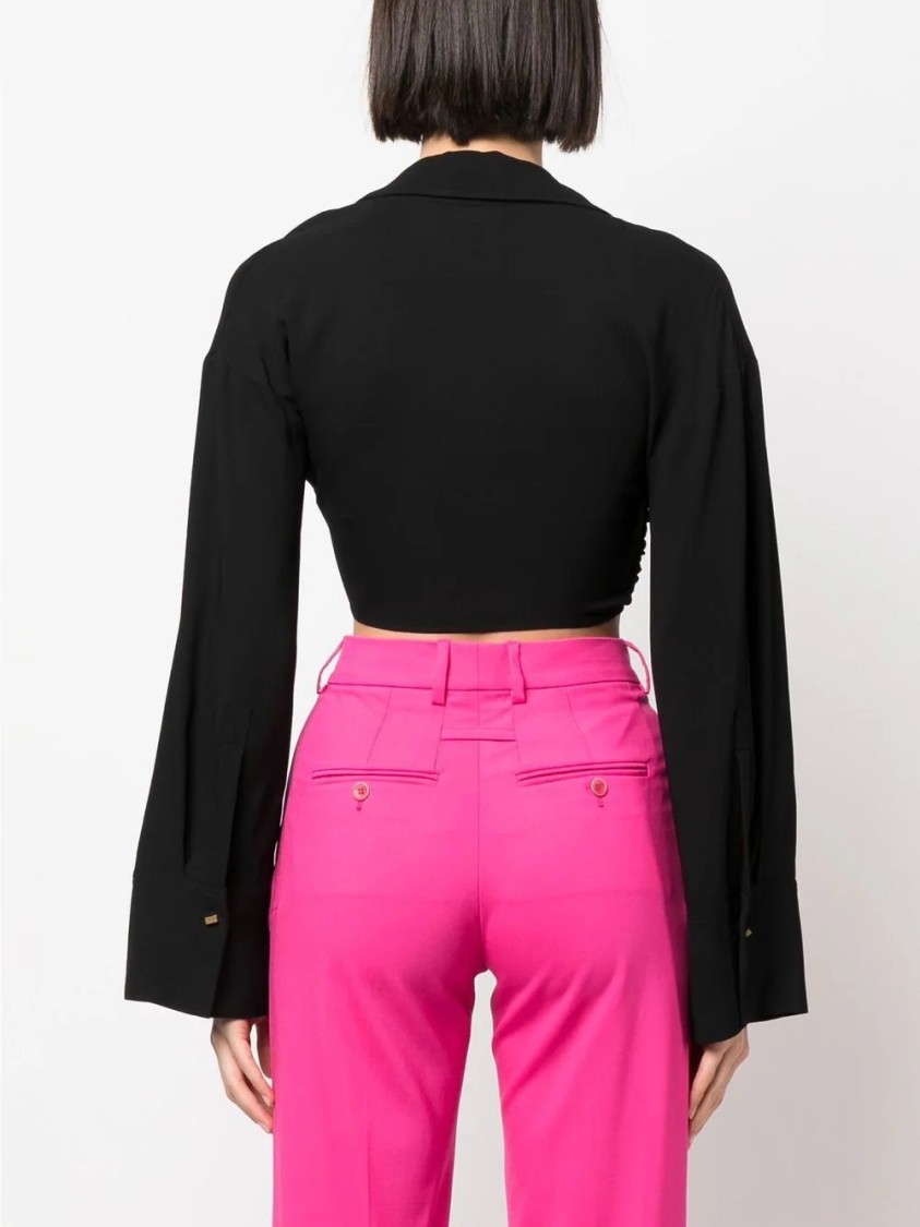 Blumarine Cropped Blouse With Twisted Front And Flared Sleeves In Black