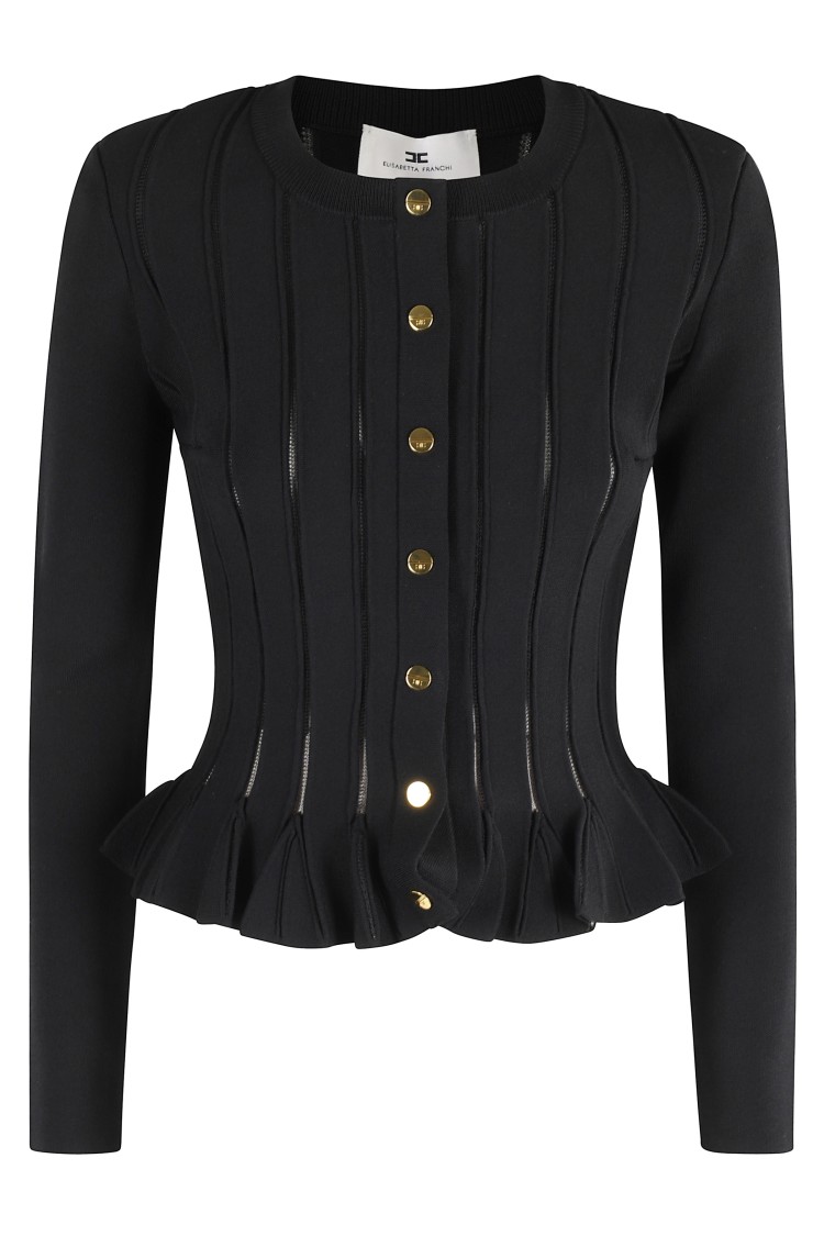 Elisabetta Franchi Tricot Pattern Sweater With Padded Shoulder Straps And Embroidered Hem In Black