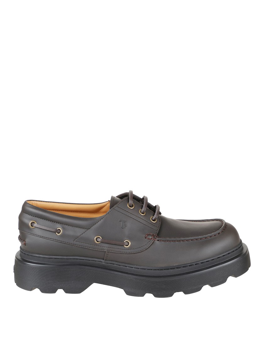 Tod's Brown Leather Loafers With Rounded Toe And Chunky Sole In Gray