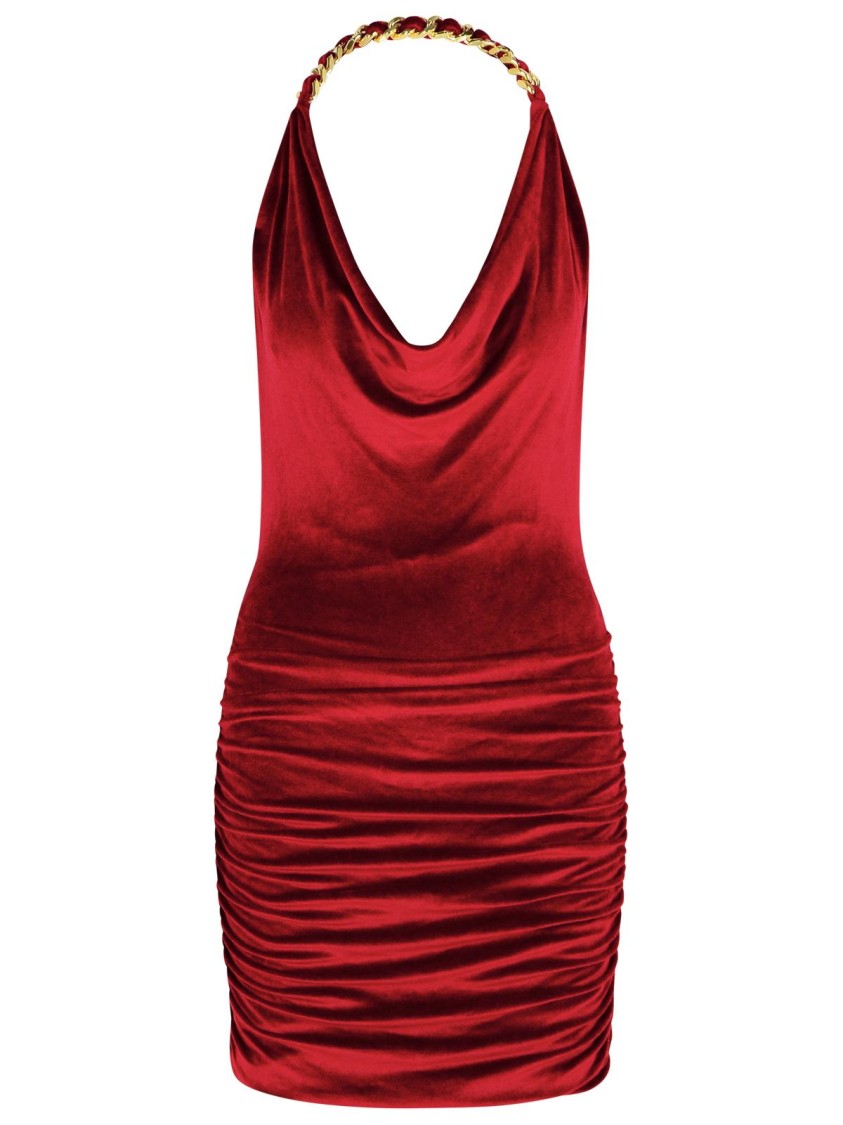 Balmain Chain Draped Velvet Minidress In Red