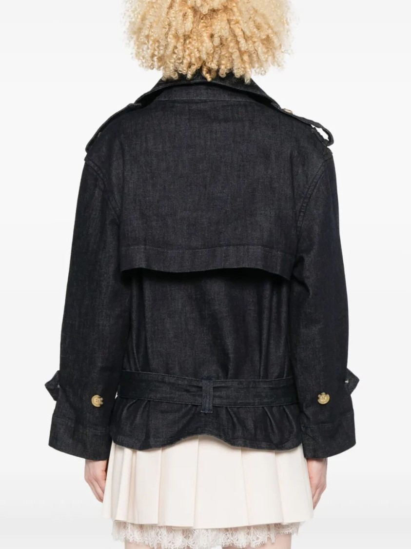 Self-portrait Double-breasted Denim Trench Jacket In Black