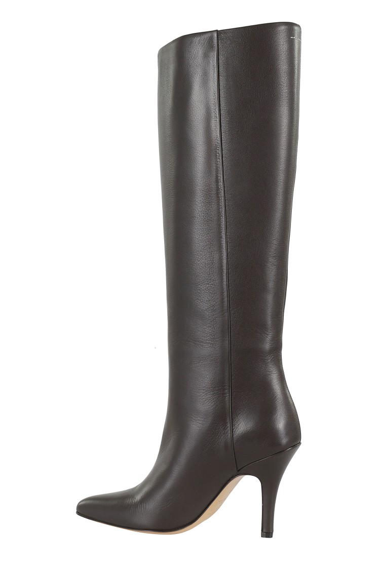 Mm6 Maison Margiela Mm6 By Maison Margiela Pointed Toe Knee-high Boot With White Stitch Detail In Black