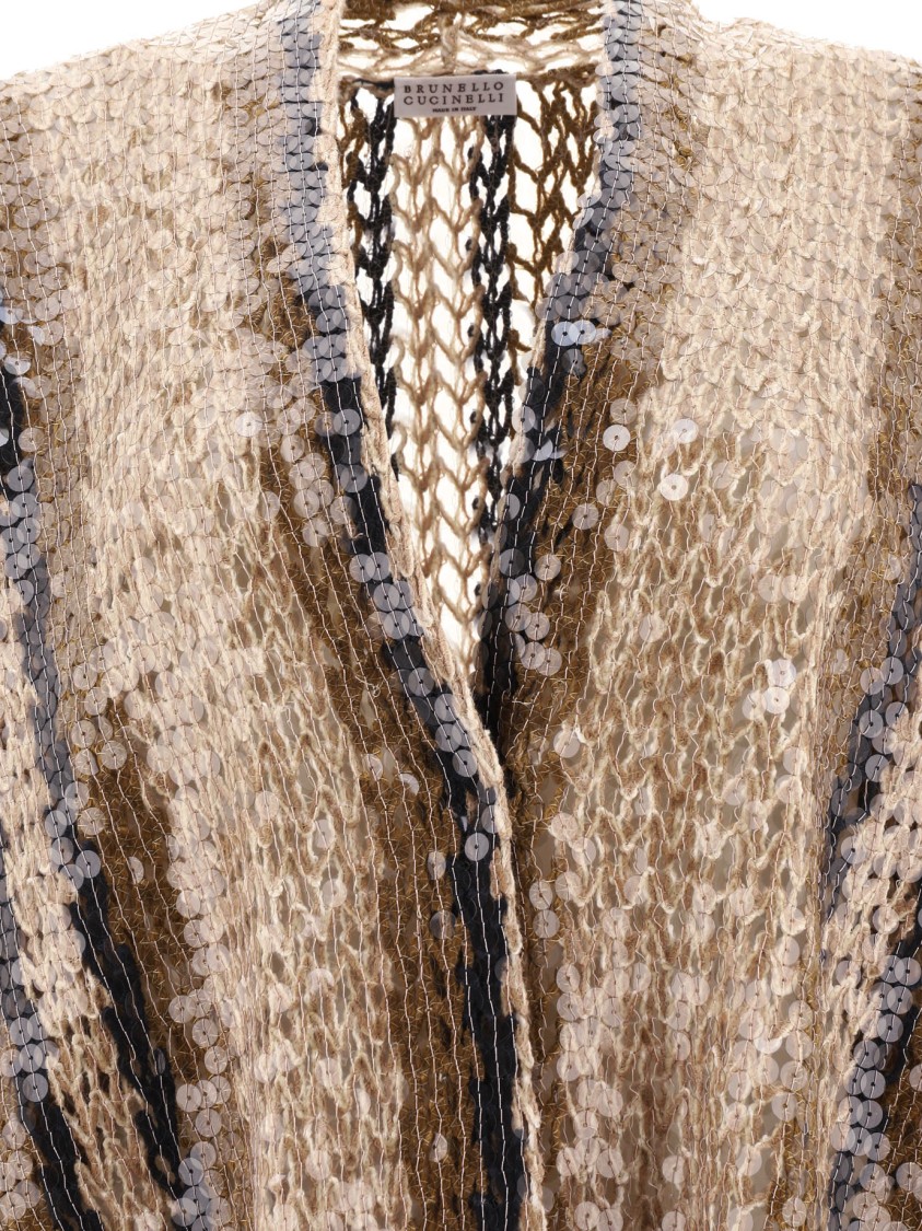 Brunello Cucinelli Open-knit Brown Knitwear With Fringe Detailing In White