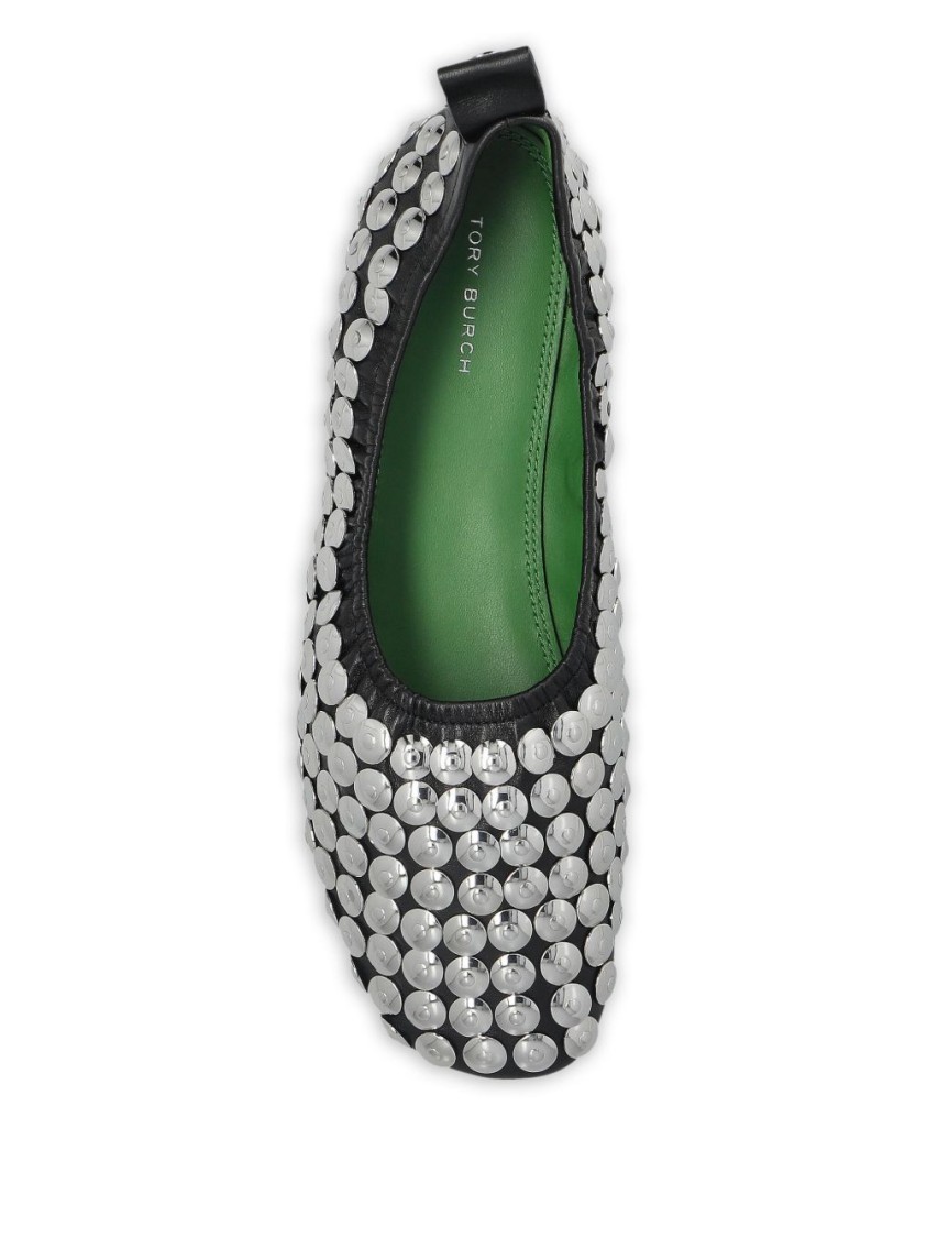 Tory Burch Round Toe Flat Shoes With Metallic Stud Accents In Black