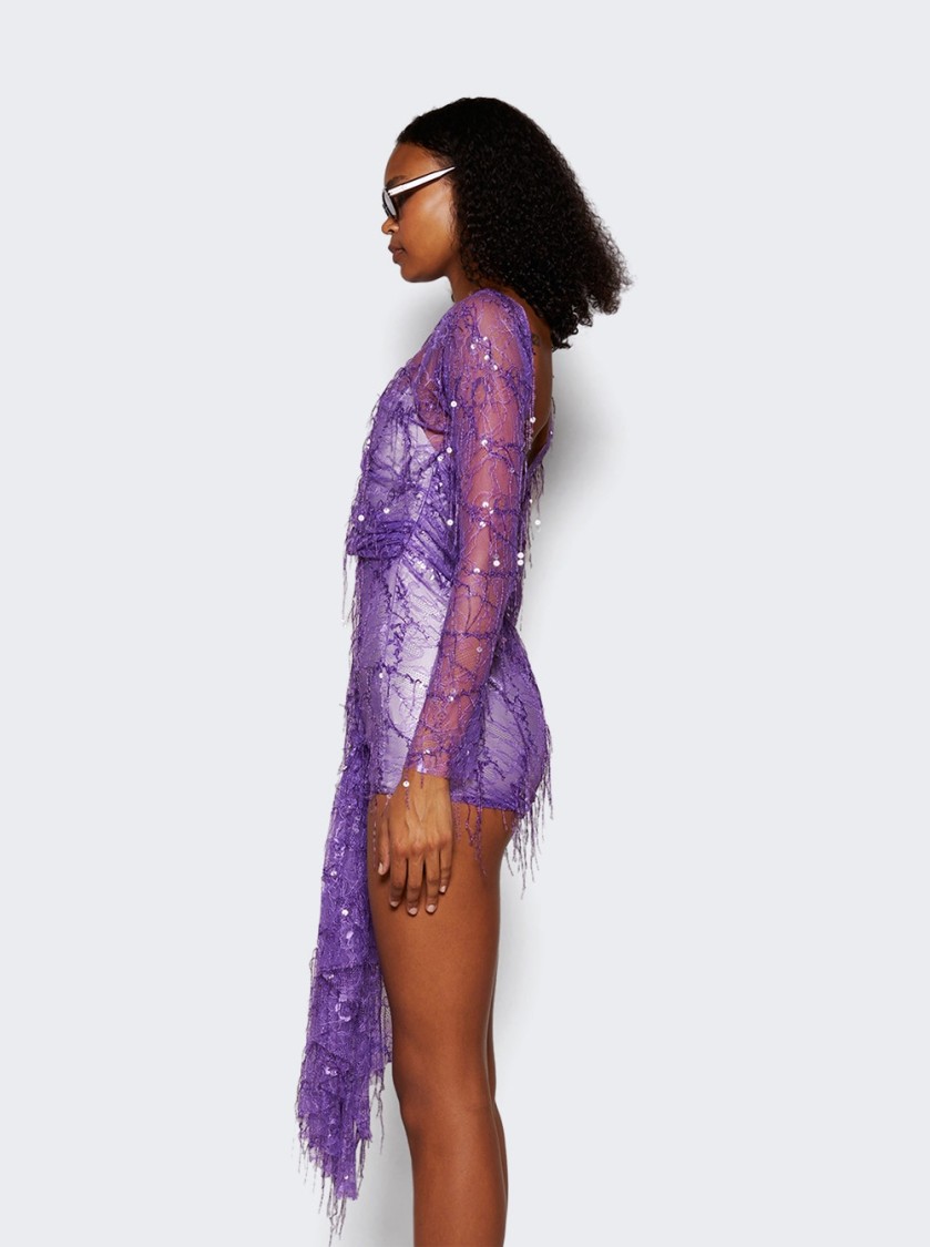Christopher Esber Encased Beaded Ivy Lace Long Sleeve Mini Dress Grape In Purple