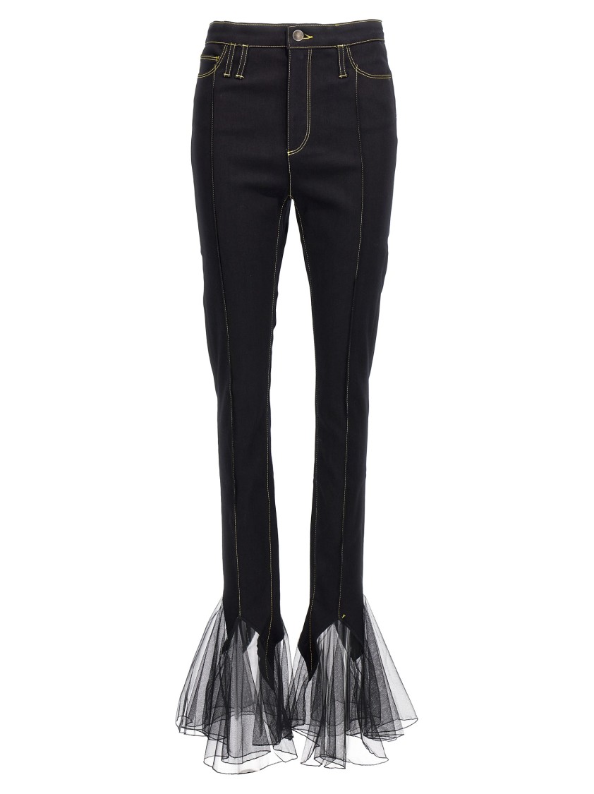Nensi Dojaka Mesh Detailed Flared Hem Trousers With Belt Loops In Black