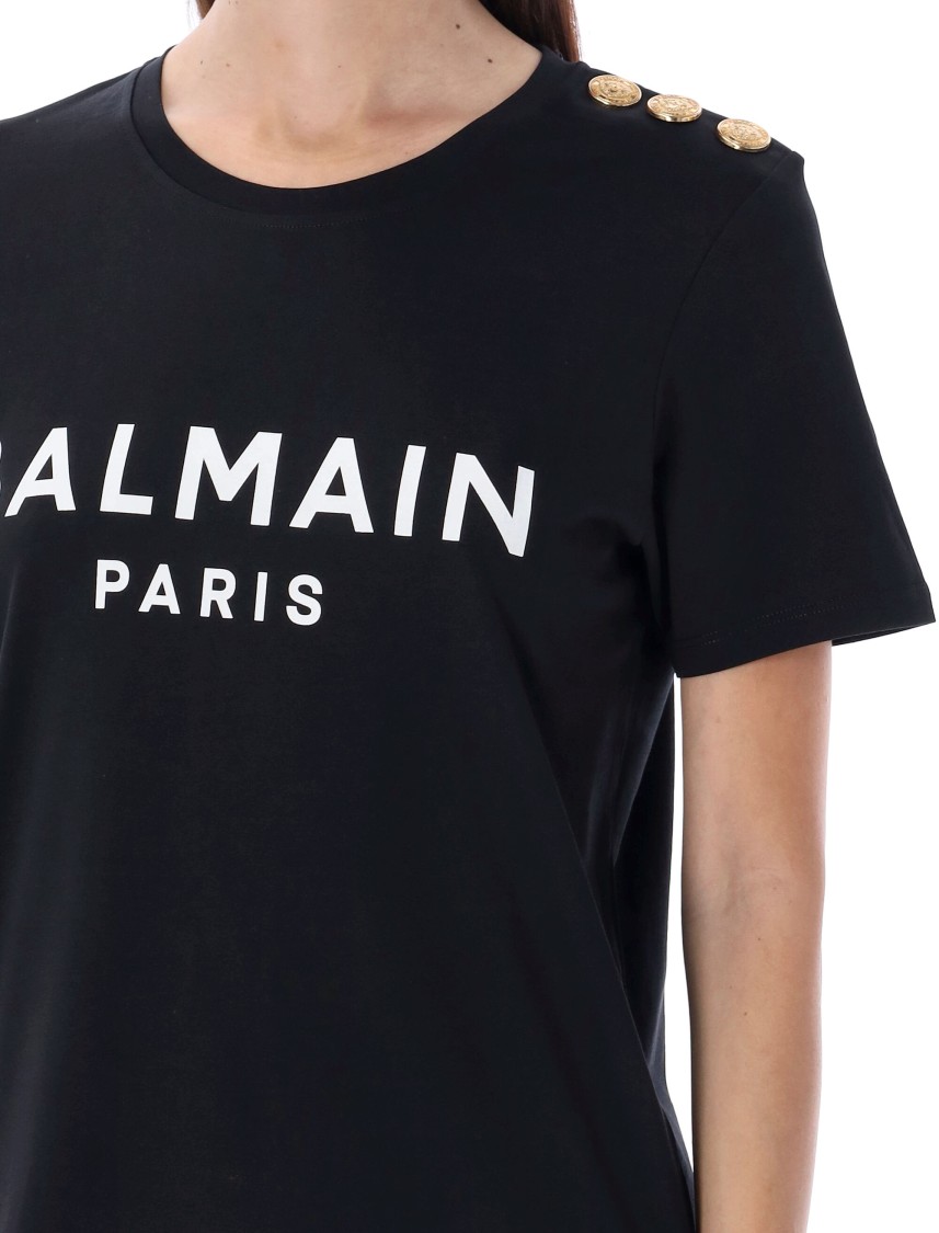 Balmain Black Crewneck T-shirt With Logo Print And Golden Buttons In Jersey Woman In Black