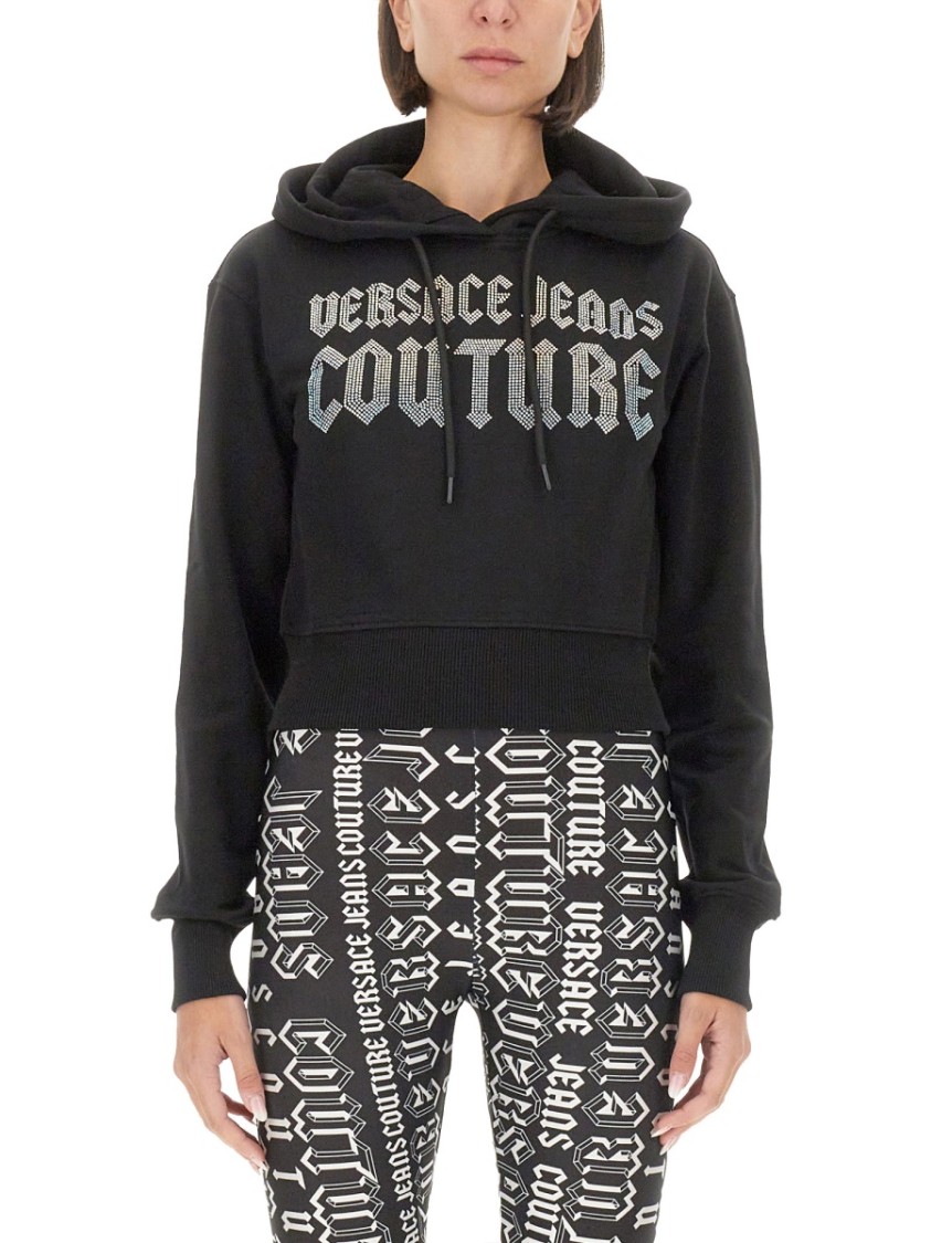 Shop Versace Jeans Couture Cropped Black Sweatshirt With Hood And Logo Detail