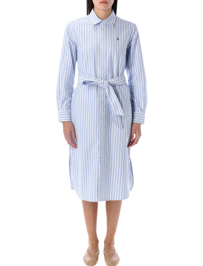 Polo Ralph Lauren Embroidered Poplin Shirt Dress With Belted Waist In Blue