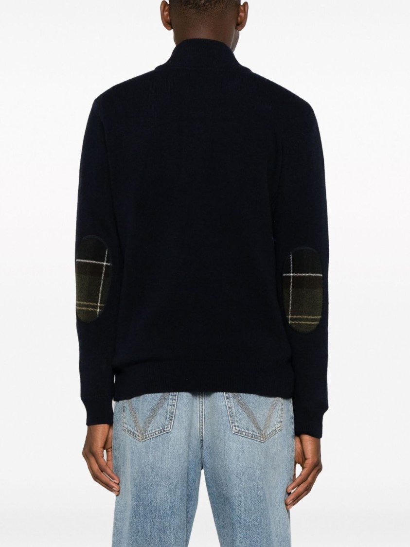 Barbour Ribbed Knit Half-zip Sweater With Classic Funnel Neck And Elbow Patches In Black