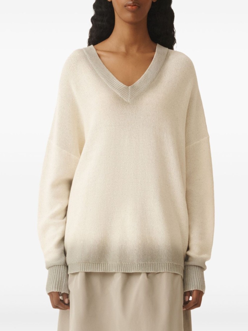 Fabiana Filippi Gradient Effect White Sweater With Deep V-neckline In Neutral