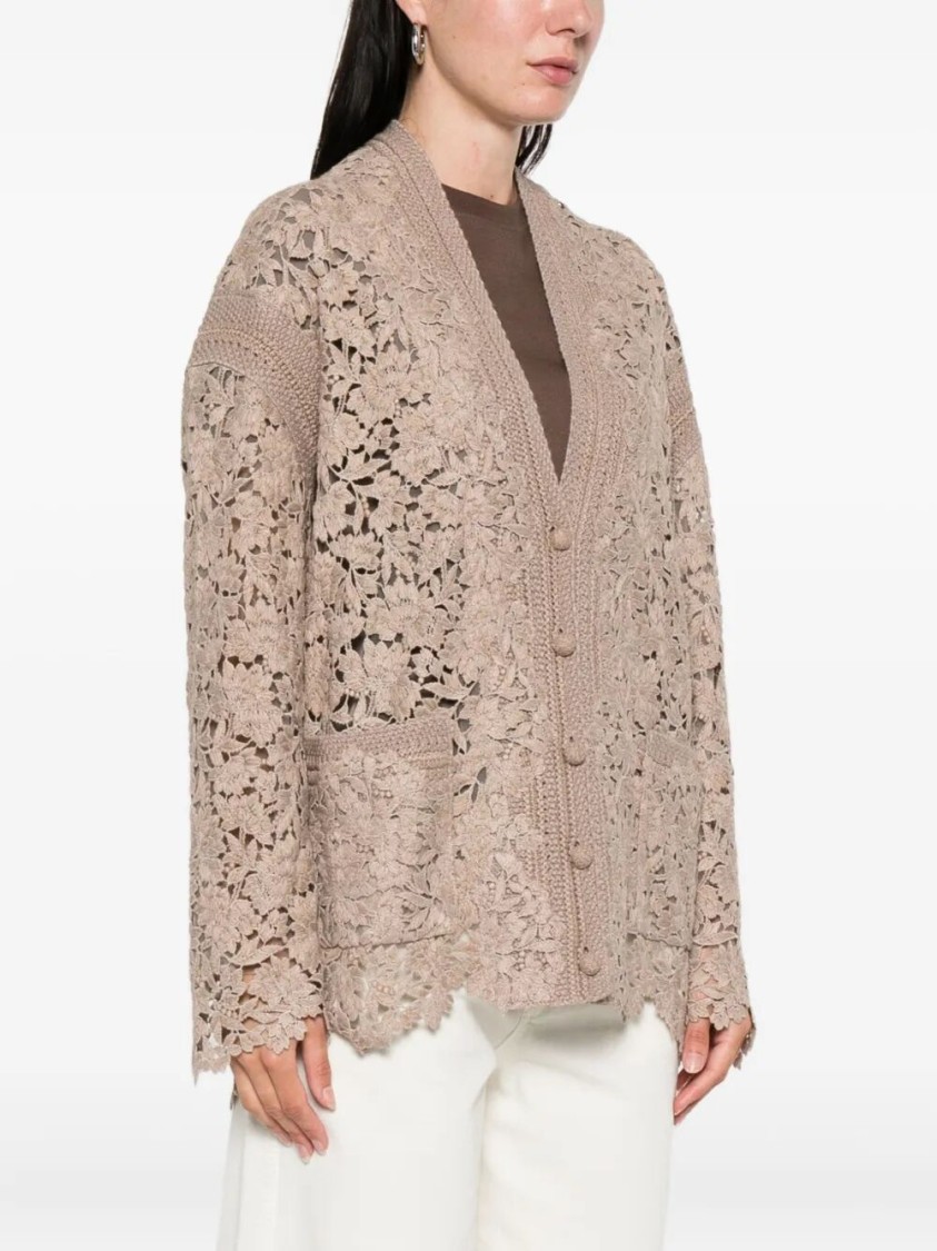 Ermanno Scervino Lace-detail Cardigan With Scalloped Hemfront In Brown