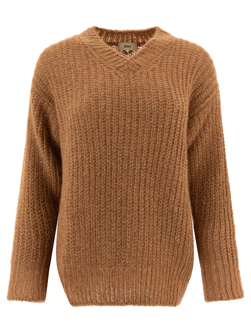 Herno Sequined Brown Knit Sweater With V-neckline In Brown
