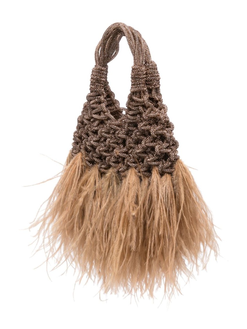 Shop Hibourama Mini Woven Bag With Feather And Crystal Detailing In Brown