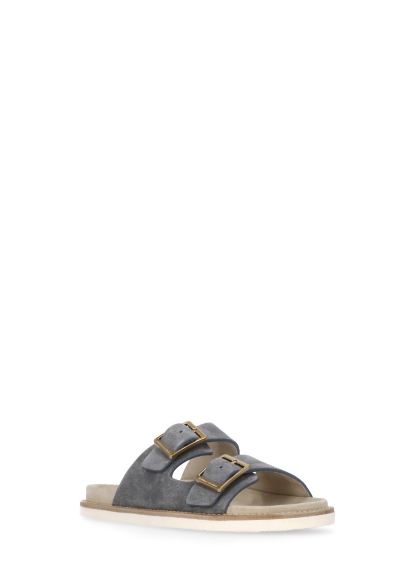 Brunello Cucinelli Pebble Silver-toned-hardware Leather Sandals In Grey