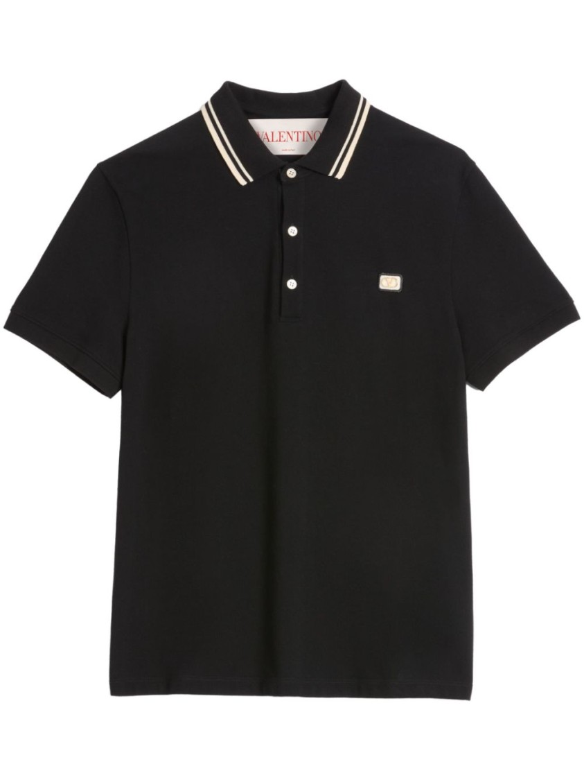 Valentino Garavani Black Polo Shirt With Classic Bicolor Collar And Logo Patch On The Front In Cotto