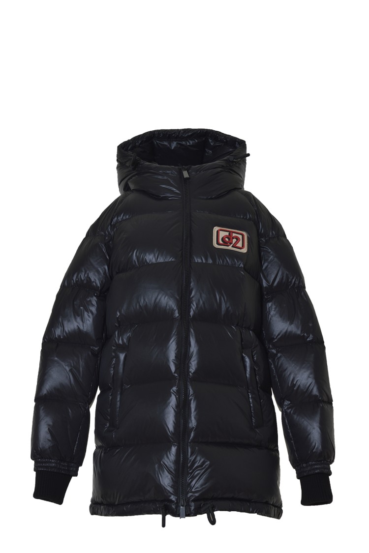 Dsquared2 D2 Long Down Jacket In Black Nylon With Hood In Black