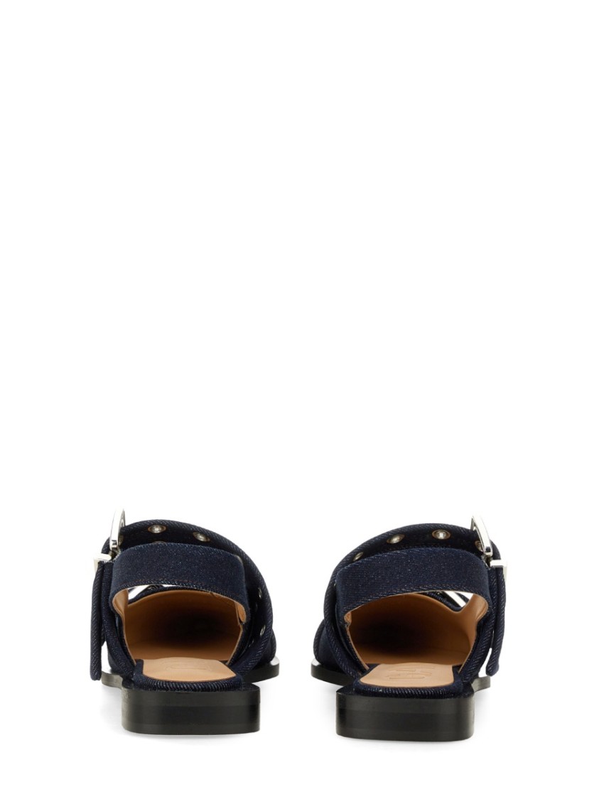 Ganni Buckled Eyelet-embellished Recycled Denim Ballet Flats In Blue
