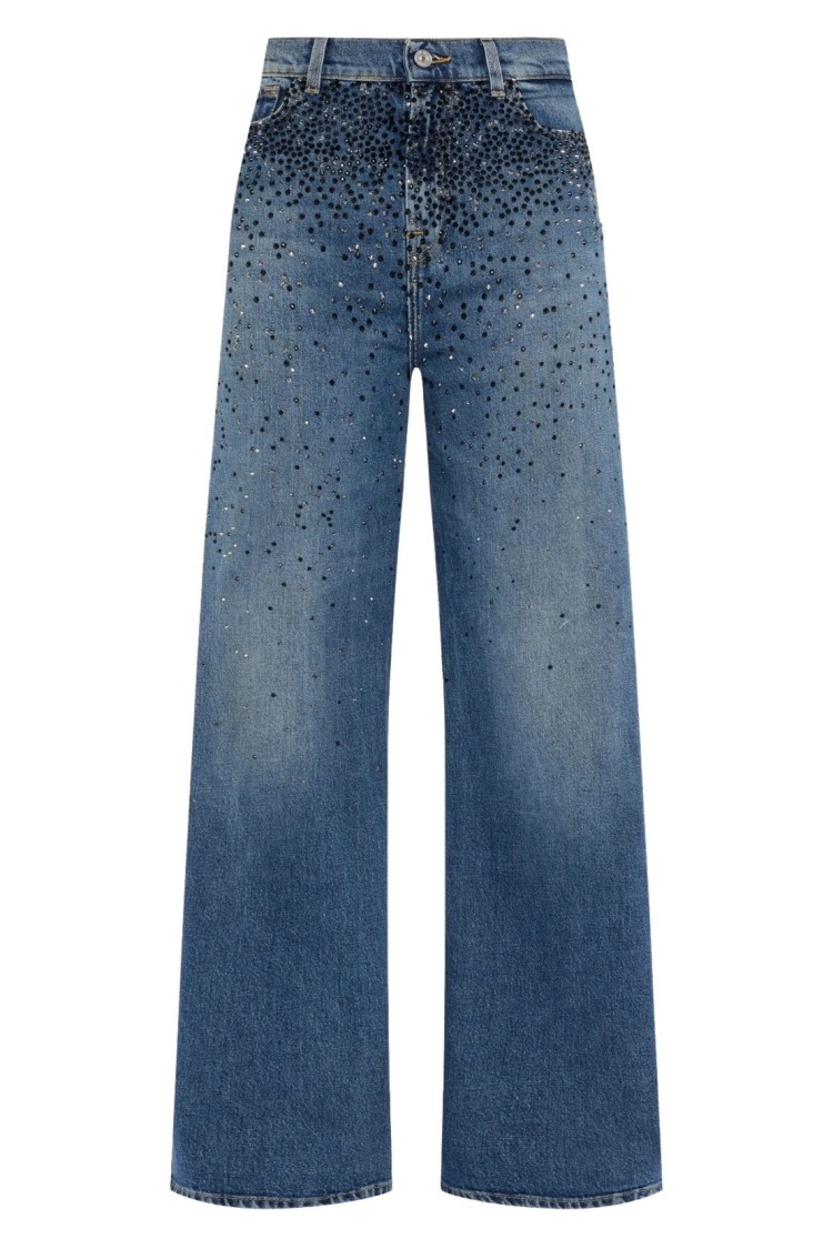 7 For All Mankind Low Slung Wide Leg Candy With Faded Crystals In Blue