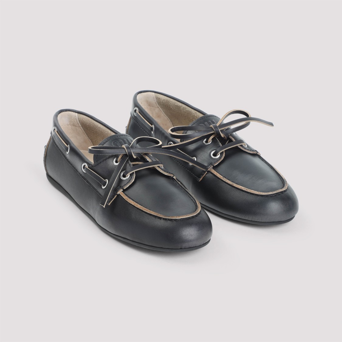 Miu Miu Unlined Boat Loafers In Decolored Leather In Black