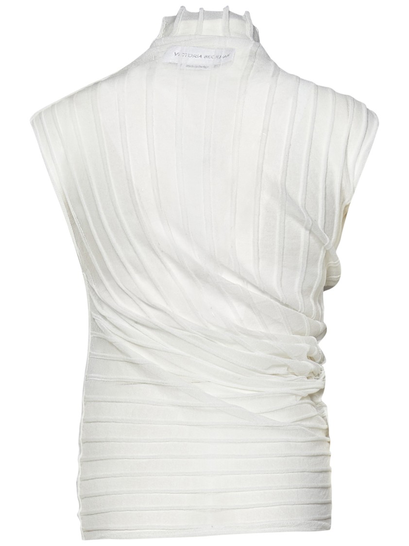 VICTORIA BECKHAM VICTORIA BECKHAM HIGH NECK WHITE TOP IN SEMI-TRANSPARENT RIBBED KNIT