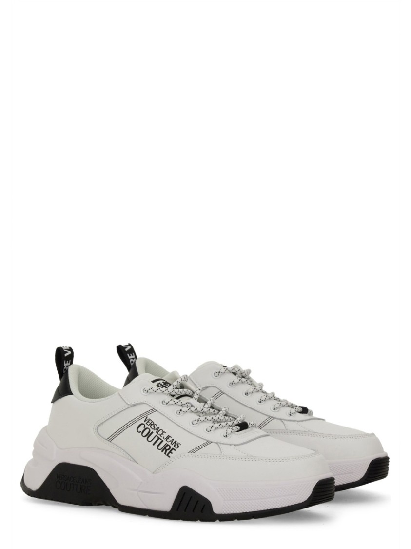 Shop Versace Jeans Couture Leather Sneakers With Textured Finish And Metallic Accents In White