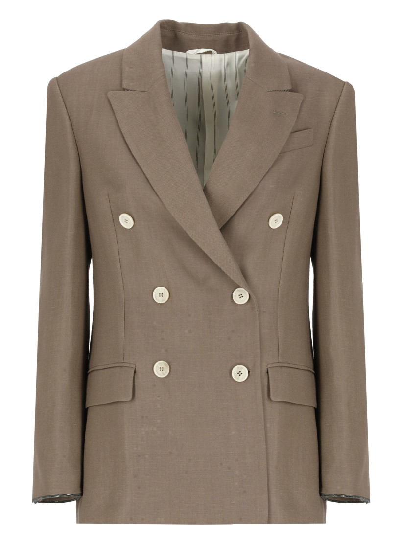 Brunello Cucinelli Linen Blend Double-breasted Jacket In Brown