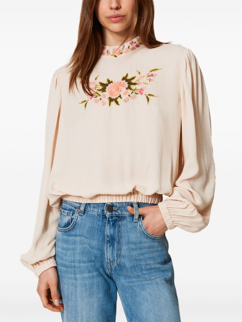 Shop Twinset Twin-set Floral-embroidered Blouse With Keyhole Closure And Gathered Hem In Neutrals