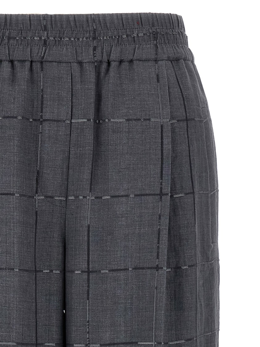 Brunello Cucinelli Check Linen Palazzo Trousers With Sequin Detail In Gray