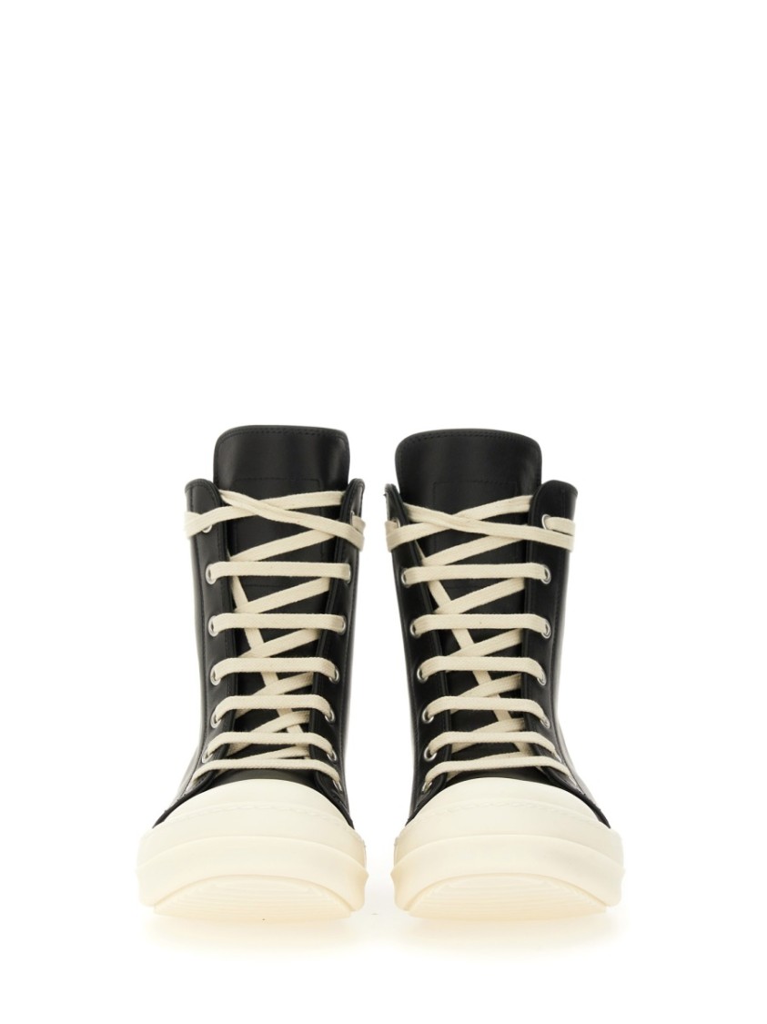 Rick Owens Black High Top Sneakers With Oversized Laces In Leather In Black