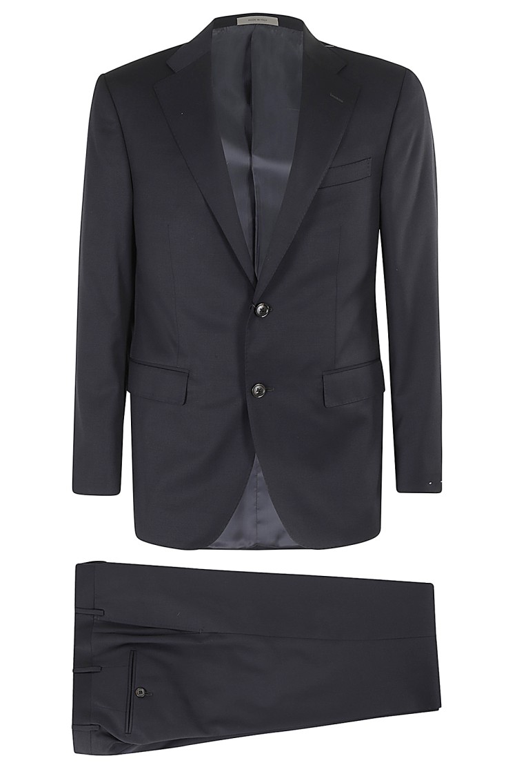 Corneliani Single-breasted Wool Twill Suit With Front Pockets In Blue